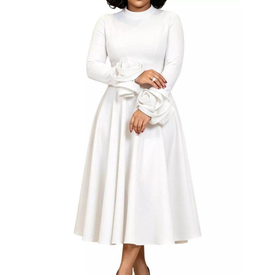 Full Size Floral Cuff Detail Long-Sleeve Midi Dress Plus Apparel and Accessories