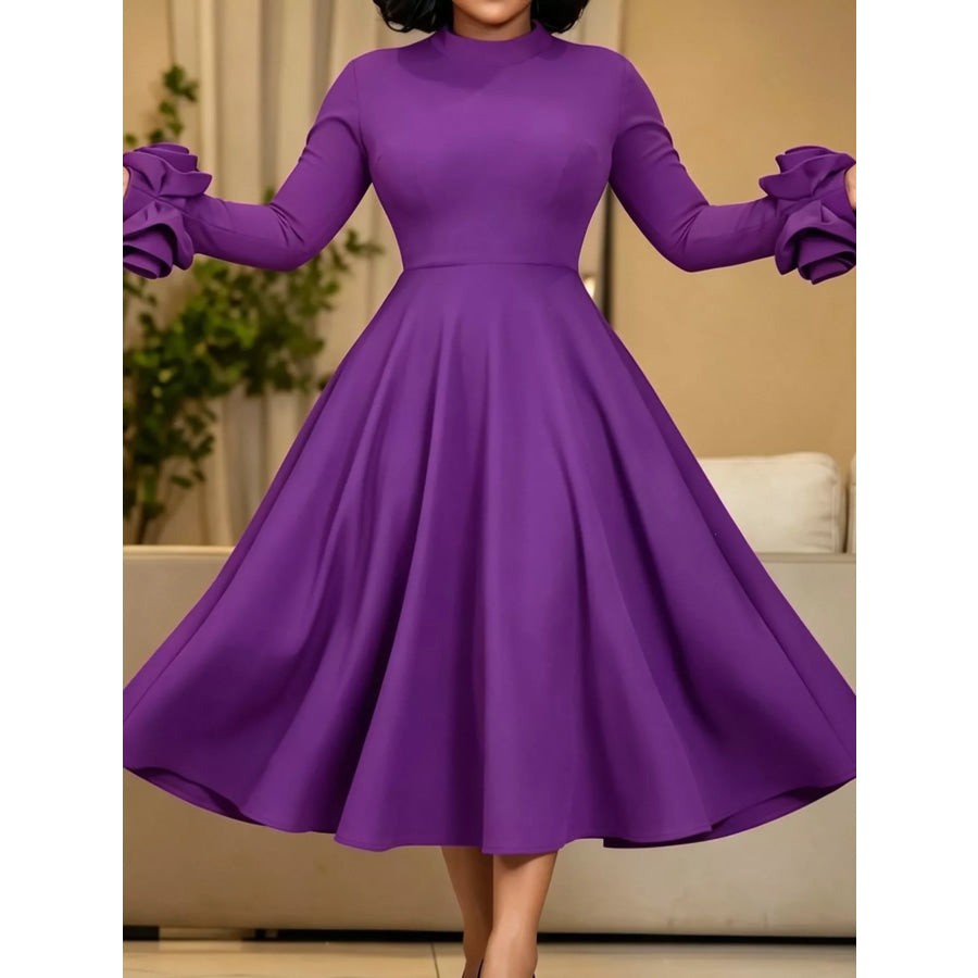 Full Size Floral Cuff Detail Long-Sleeve Midi Dress Plus Apparel and Accessories