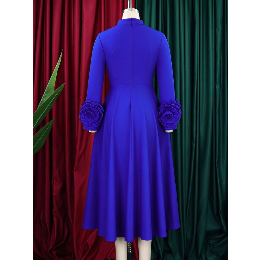 Full Size Floral Cuff Detail Long-Sleeve Midi Dress Plus Apparel and Accessories