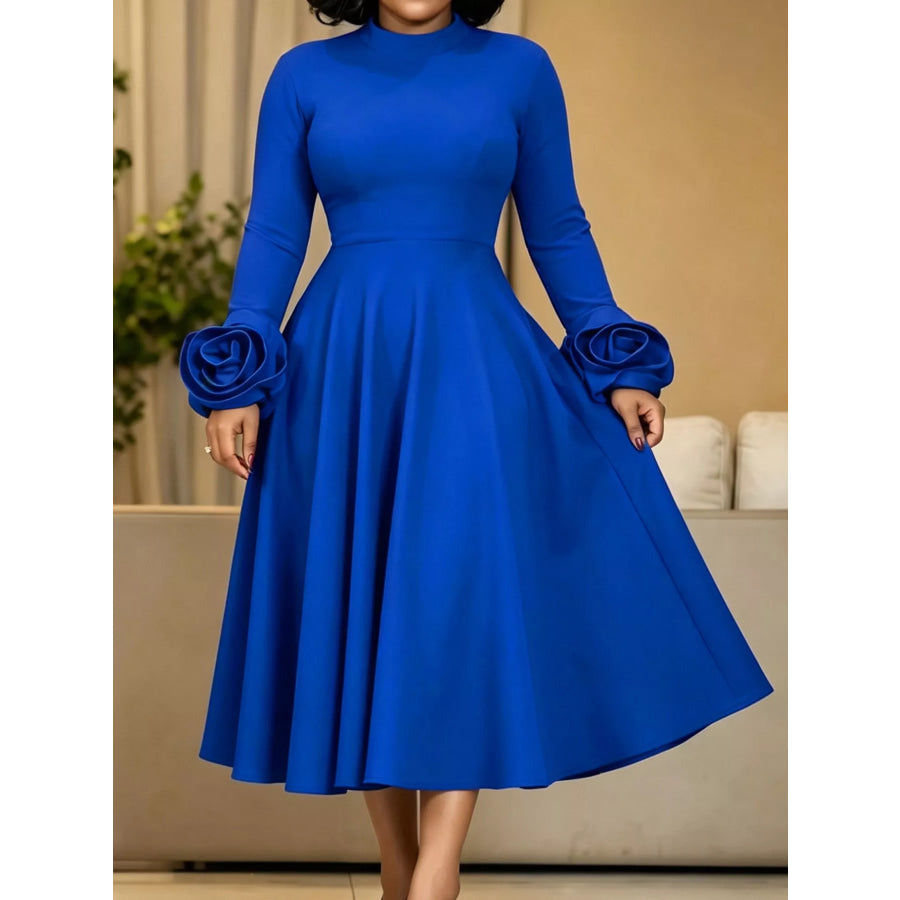 Full Size Floral Cuff Detail Long-Sleeve Midi Dress Plus Blue / S Apparel and Accessories