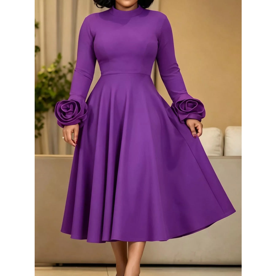 Full Size Floral Cuff Detail Long-Sleeve Midi Dress Plus Purple / S Apparel and Accessories
