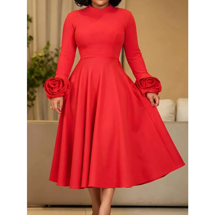 Full Size Floral Cuff Detail Long-Sleeve Midi Dress Plus Red / S Apparel and Accessories