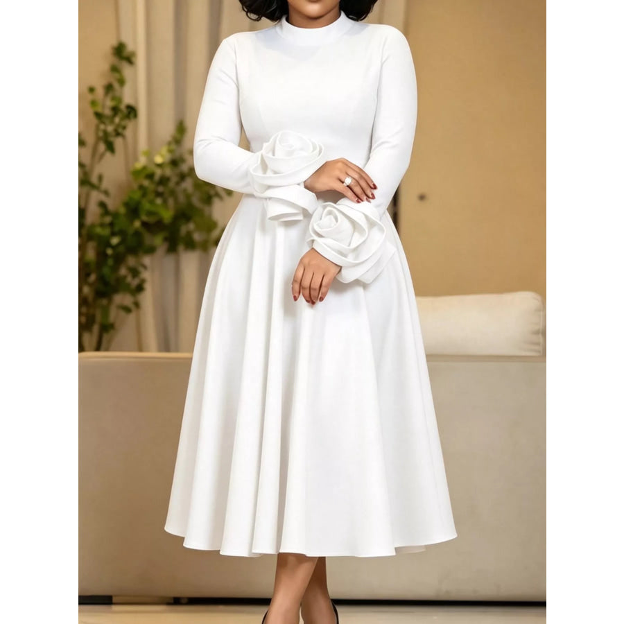 Full Size Floral Cuff Detail Long-Sleeve Midi Dress Plus White / S Apparel and Accessories