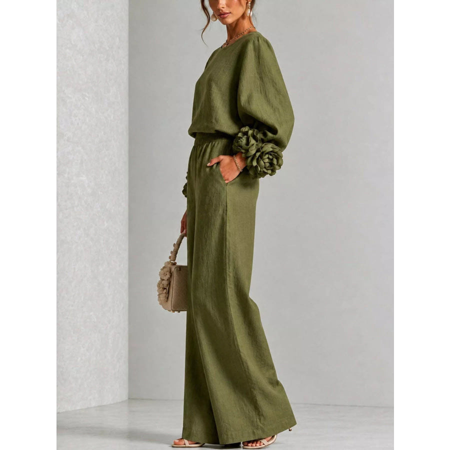 Full Size Floral Cuffs Top and Wide Leg Pants Set Plus Apparel Accessories