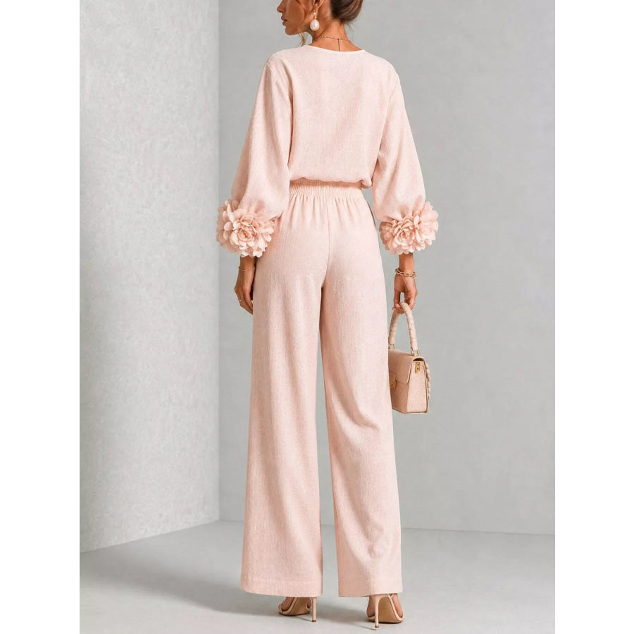 Full Size Floral Cuffs Top and Wide Leg Pants Set Plus Apparel Accessories