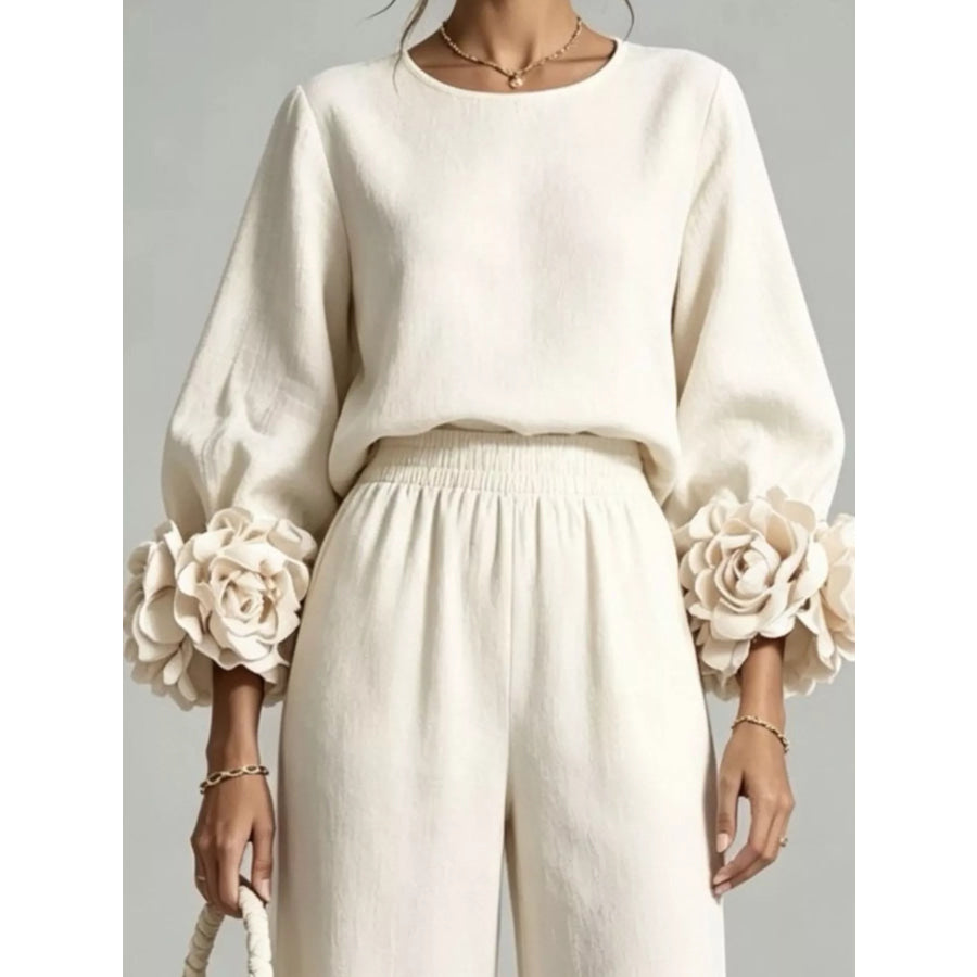 Full Size Floral Cuffs Top and Wide Leg Pants Set Plus Apparel Accessories