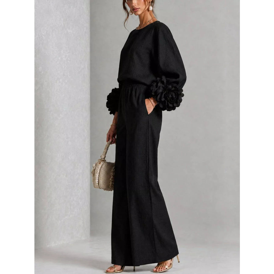 Full Size Floral Cuffs Top and Wide Leg Pants Set Plus Apparel Accessories