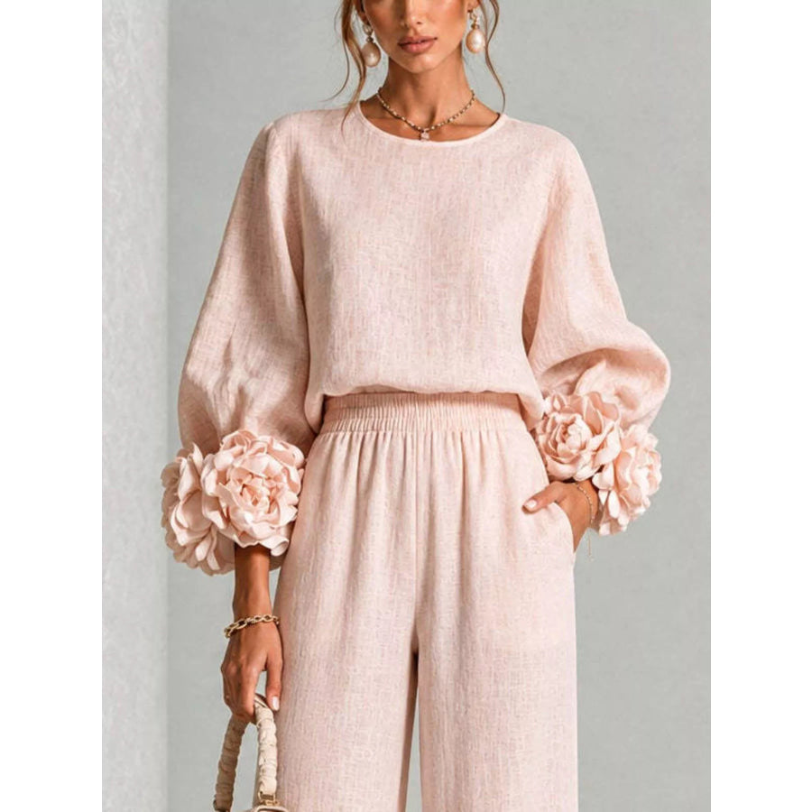 Full Size Floral Cuffs Top and Wide Leg Pants Set Plus Apparel Accessories