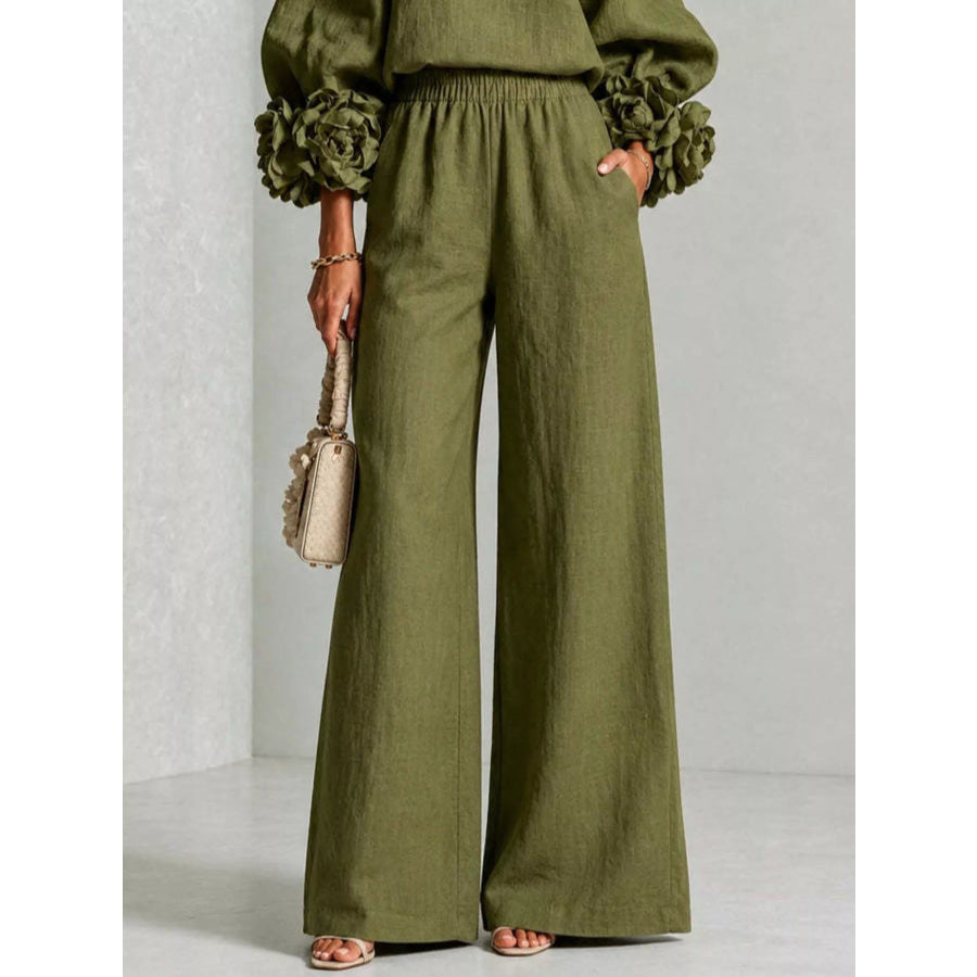 Full Size Floral Cuffs Top and Wide Leg Pants Set Plus Apparel Accessories