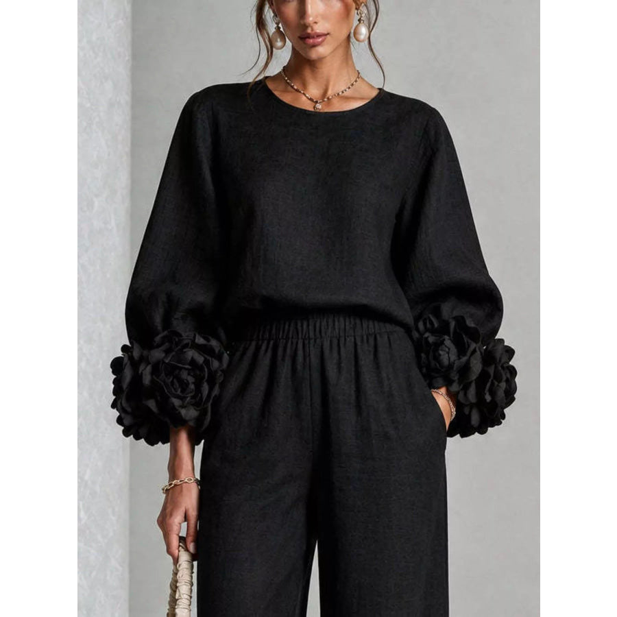 Full Size Floral Cuffs Top and Wide Leg Pants Set Plus Apparel Accessories