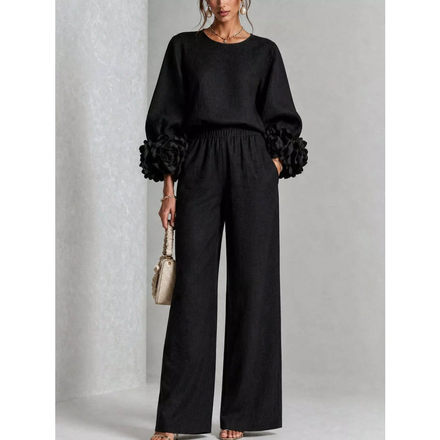 Full Size Floral Cuffs Top and Wide Leg Pants Set Plus Apparel Accessories