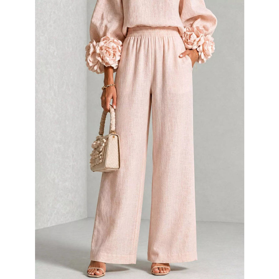Full Size Floral Cuffs Top and Wide Leg Pants Set Plus Apparel Accessories