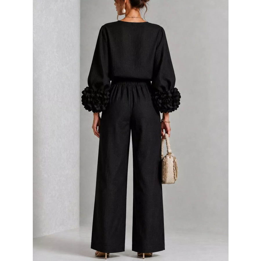 Full Size Floral Cuffs Top and Wide Leg Pants Set Plus Apparel Accessories