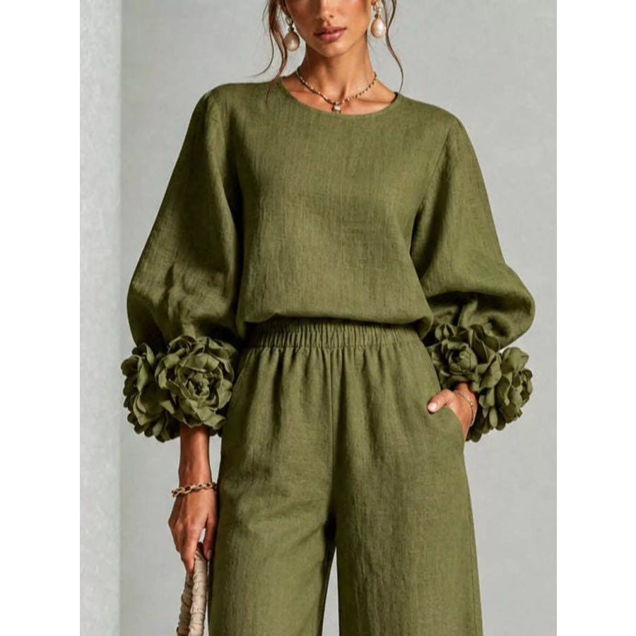 Full Size Floral Cuffs Top and Wide Leg Pants Set Plus Apparel Accessories
