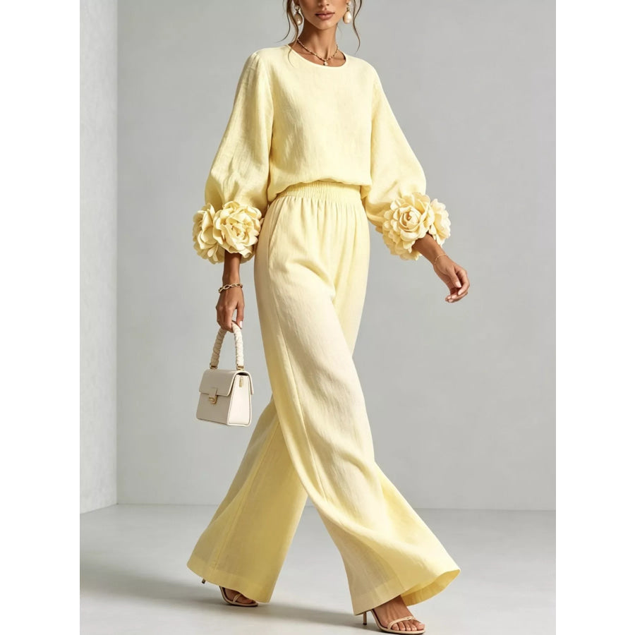 Full Size Floral Cuffs Top and Wide Leg Pants Set Plus Apparel Accessories