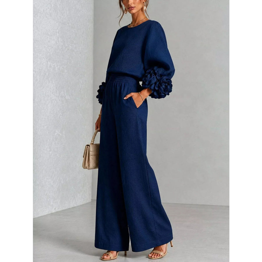 Full Size Floral Cuffs Top and Wide Leg Pants Set Plus Apparel Accessories