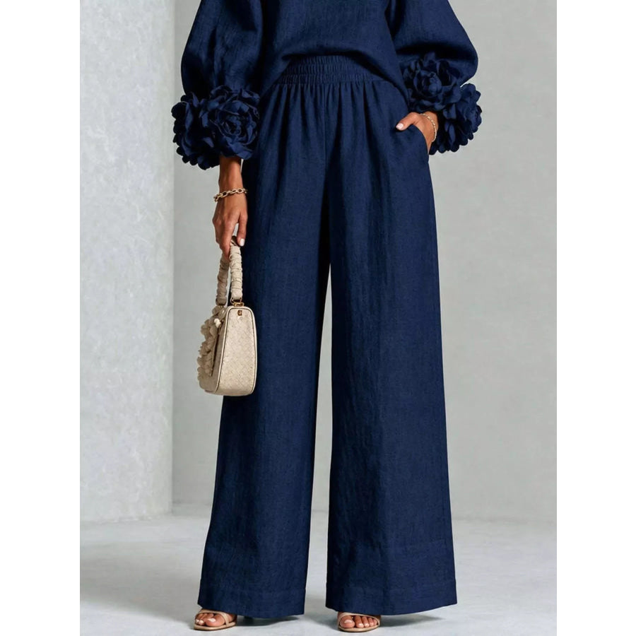 Full Size Floral Cuffs Top and Wide Leg Pants Set Plus Apparel Accessories