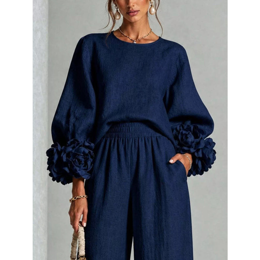 Full Size Floral Cuffs Top and Wide Leg Pants Set Plus Apparel Accessories