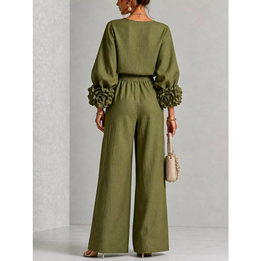 Full Size Floral Cuffs Top and Wide Leg Pants Set Plus Apparel Accessories