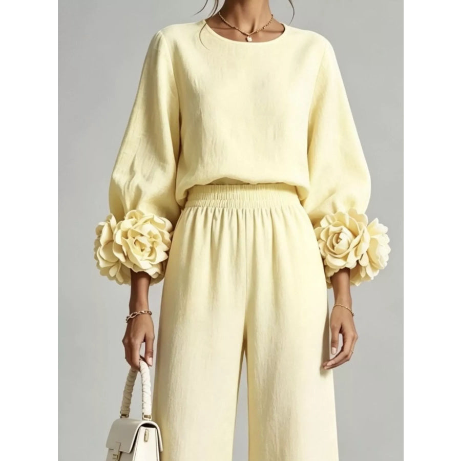 Full Size Floral Cuffs Top and Wide Leg Pants Set Plus Apparel Accessories