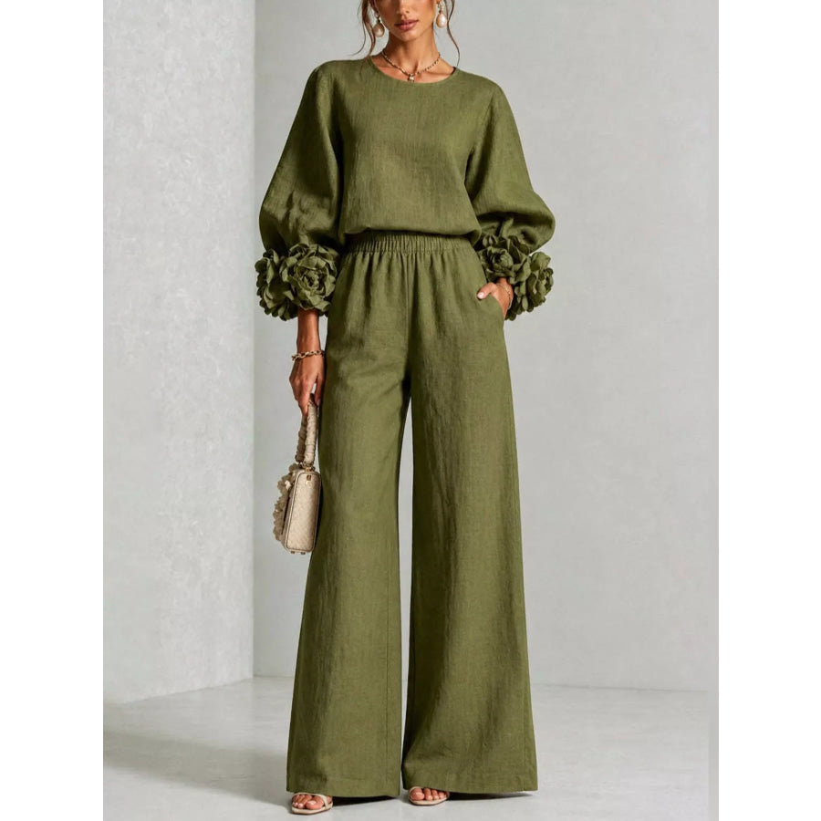 Full Size Floral Cuffs Top and Wide Leg Pants Set Plus Moss / XS Apparel Accessories