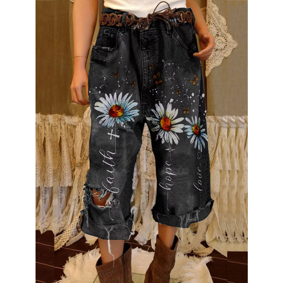Full Size Floral Distressed Cropped Jeans Plus Size Black Gray / S Apparel and Accessories