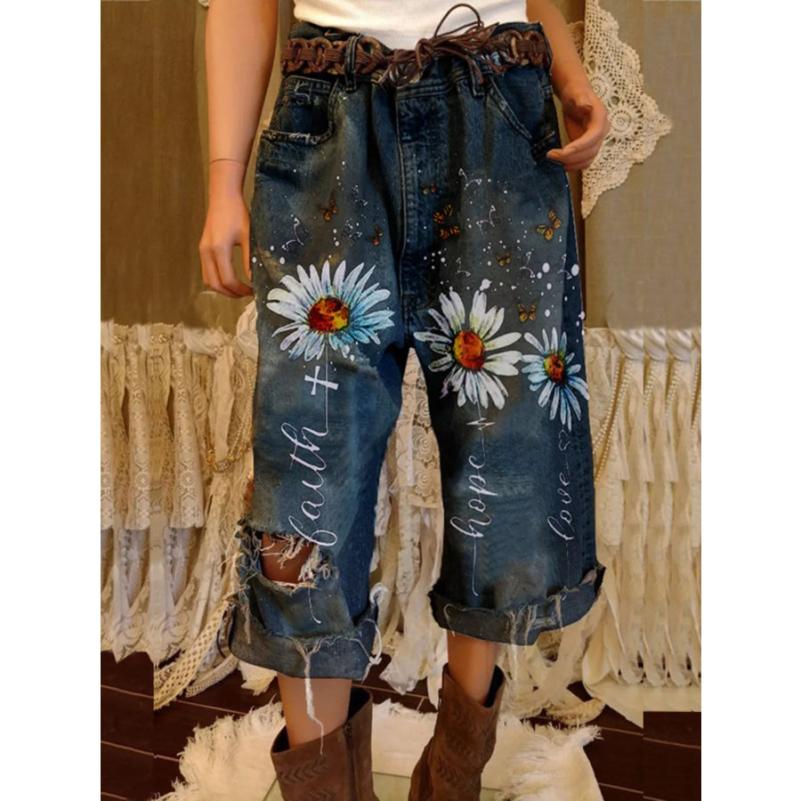 Full Size Floral Distressed Cropped Jeans Plus Size Dark Blue / S Apparel and Accessories