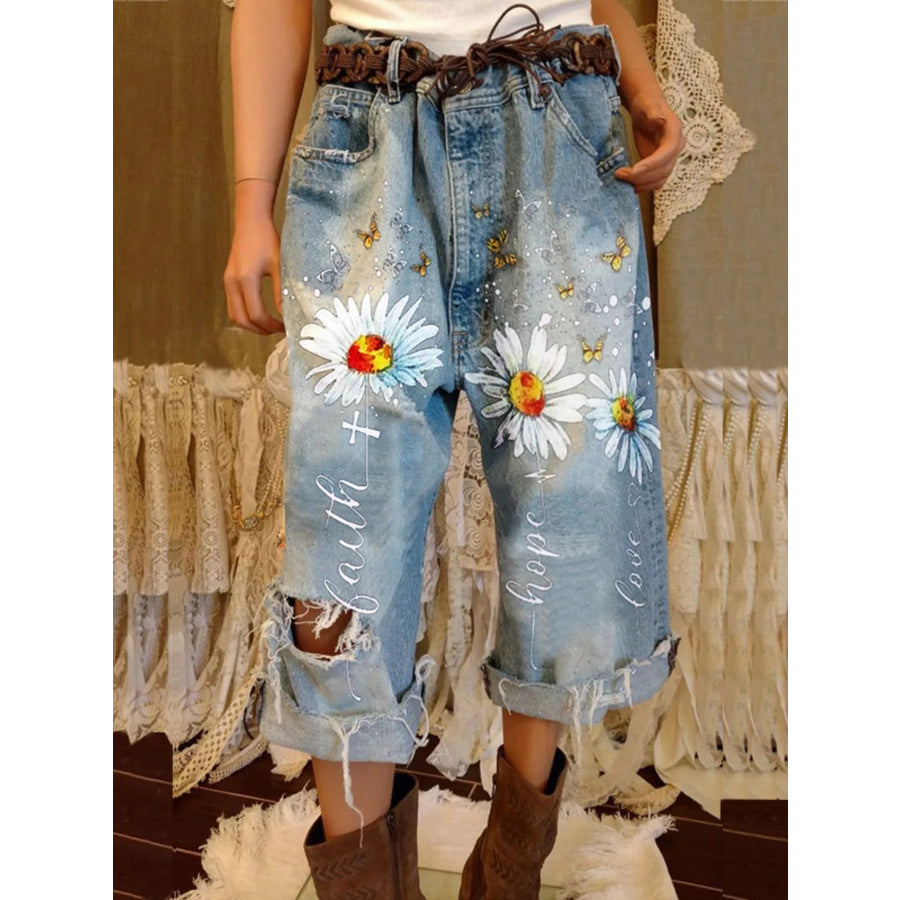 Full Size Floral Distressed Cropped Jeans Plus Size Light Blue / S Apparel and Accessories