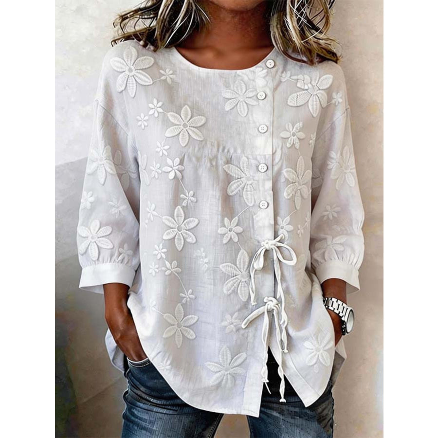 Full Size Floral Embroidered Button-Down Shirt Plus Size White / S Apparel and Accessories