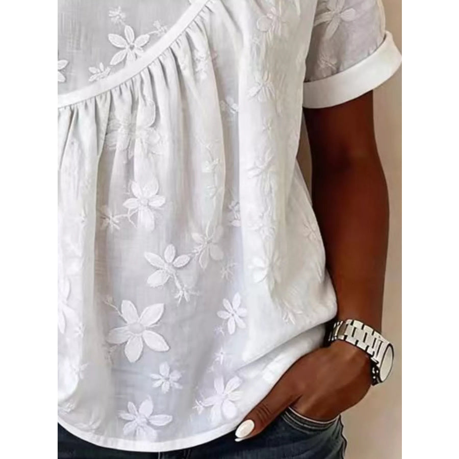 Full Size Floral Embroidered Round Neck Short Sleeve Top Plus Size Apparel and Accessories
