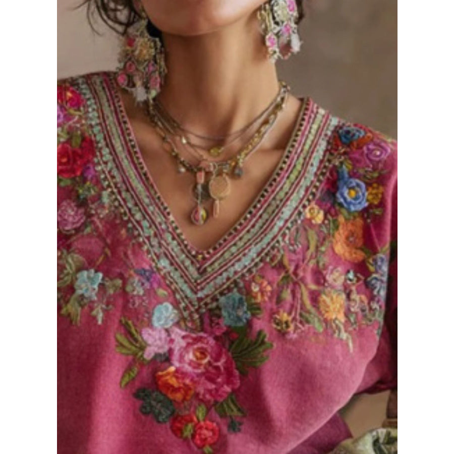 Full Size Floral Embroidered V-Neck Blouse Plus Size Apparel and Accessories