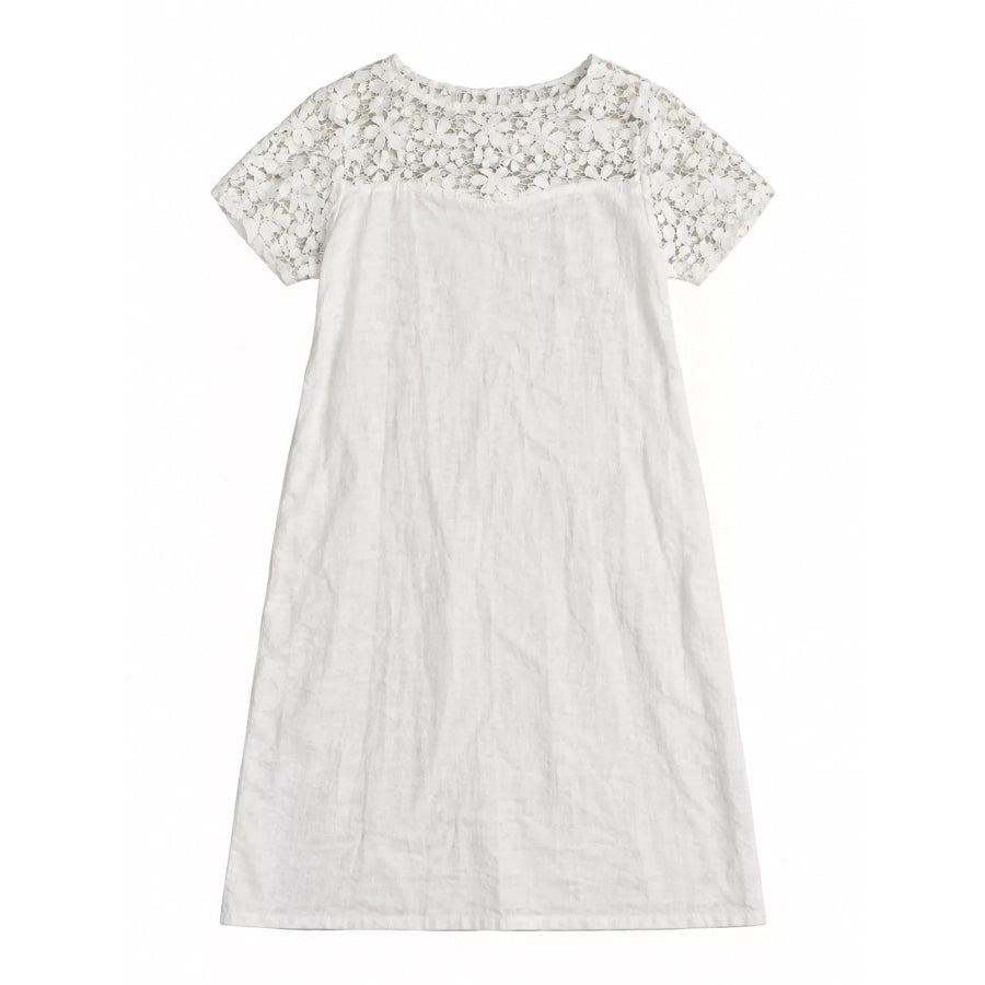 Full Size Floral Lace Short Sleeve Shift Dress Plus White / S Apparel and Accessories
