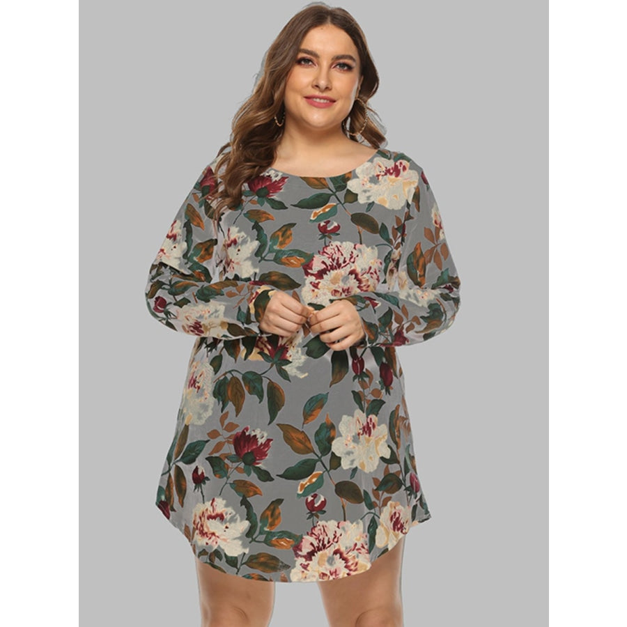 Full Size Floral Long Sleeve Mini Dress Gray Dawn / S