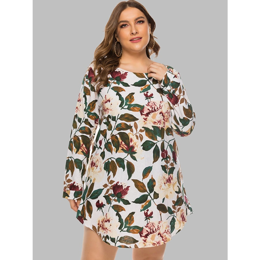 Full Size Floral Long Sleeve Mini Dress Ivory / S