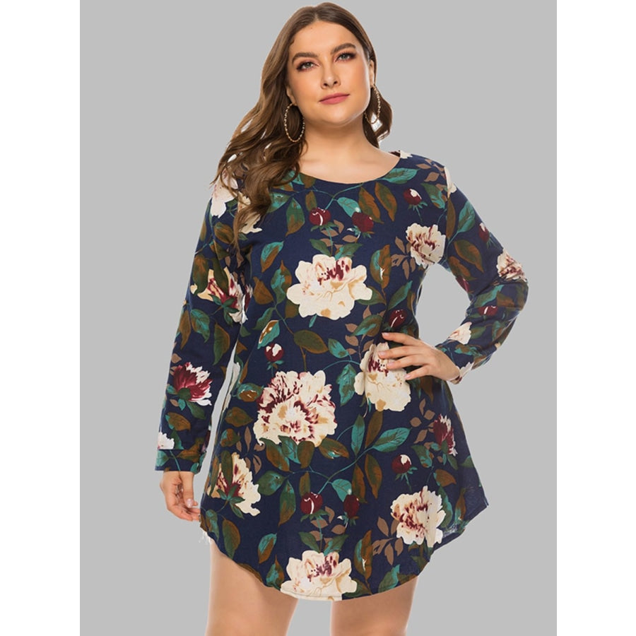 Full Size Floral Long Sleeve Mini Dress Navy / S