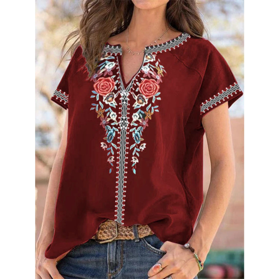 Full Size Floral Notched Short Sleeve Blouse Plus Size Burgundy / S Apparel and Accessories