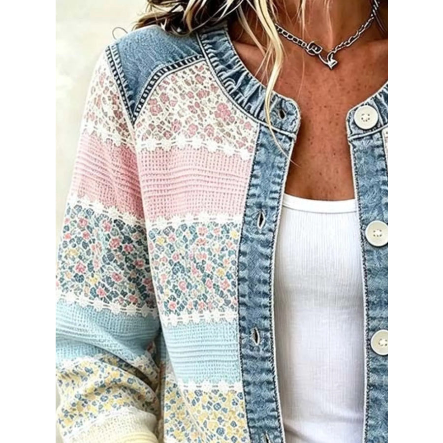 Full Size Floral Patchwork Denim Trim Jacket Plus Size Apparel and Accessories