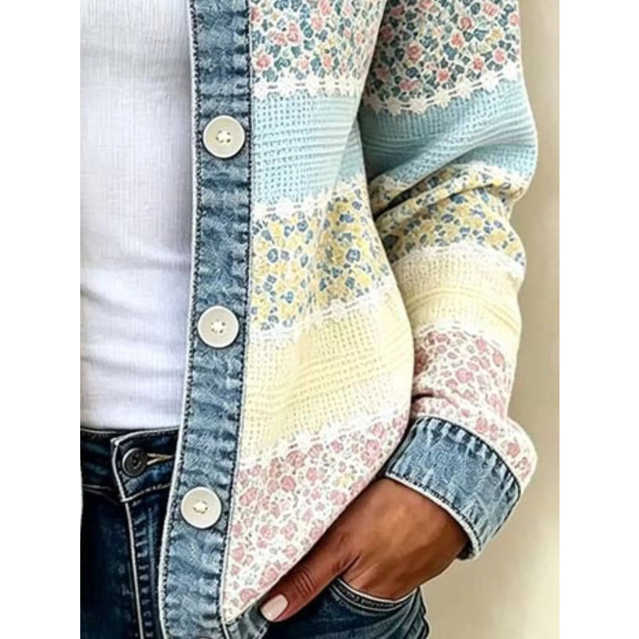 Full Size Floral Patchwork Denim Trim Jacket Plus Size Apparel and Accessories