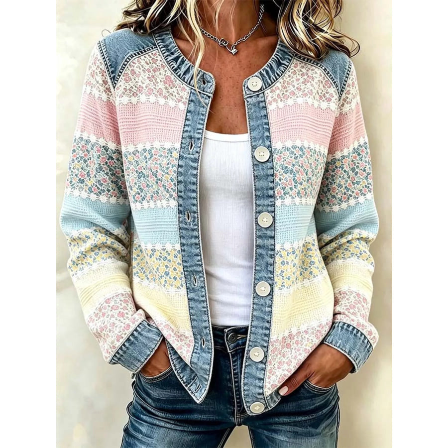 Full Size Floral Patchwork Denim Trim Jacket Plus Size Pastel Yellow / S Apparel and Accessories