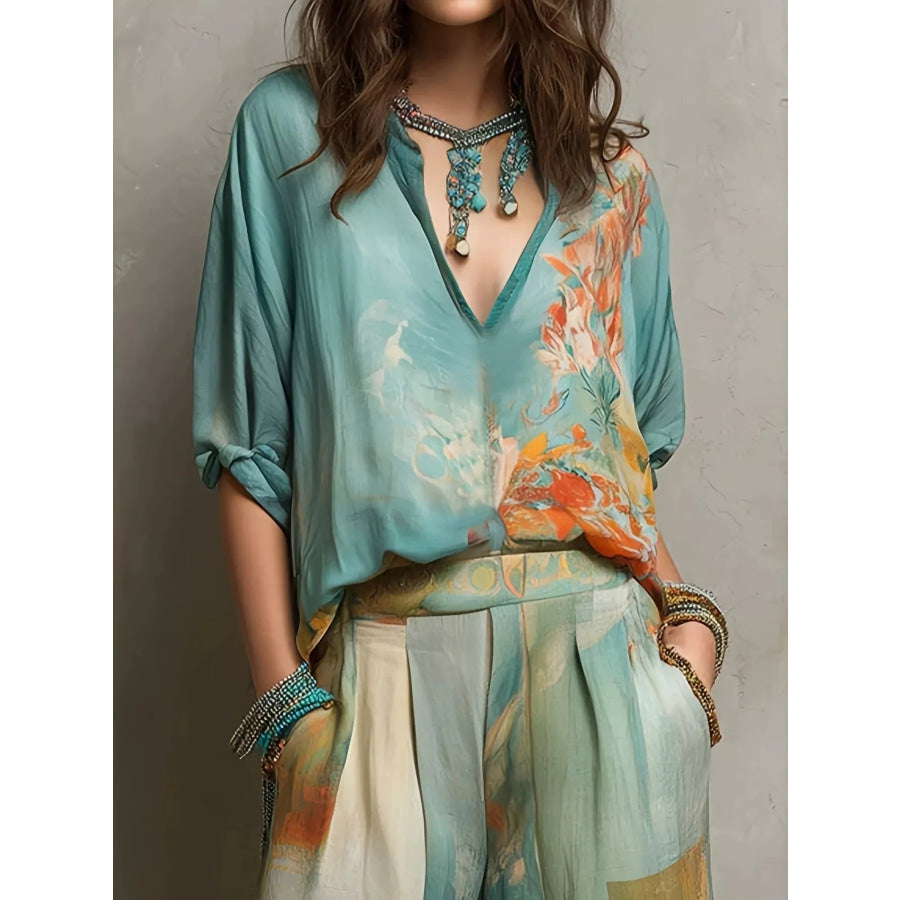 Full Size Floral Print Blouse and Wide-Leg Pants Set Plus Apparel Accessories