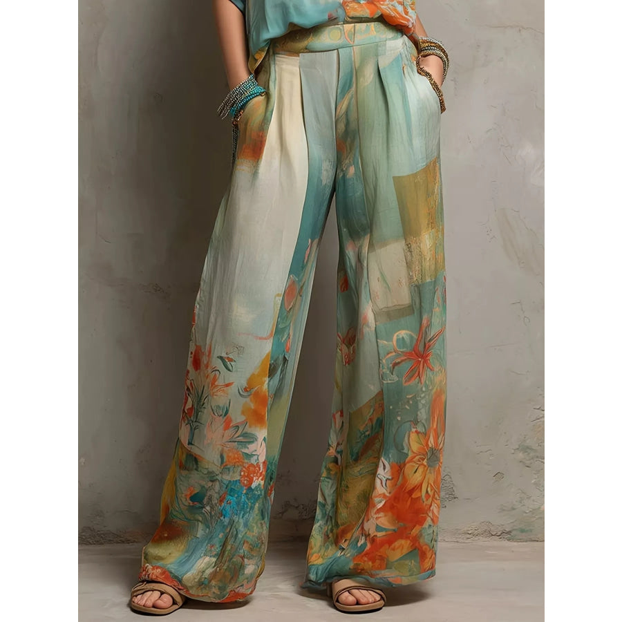 Full Size Floral Print Blouse and Wide-Leg Pants Set Plus Apparel Accessories