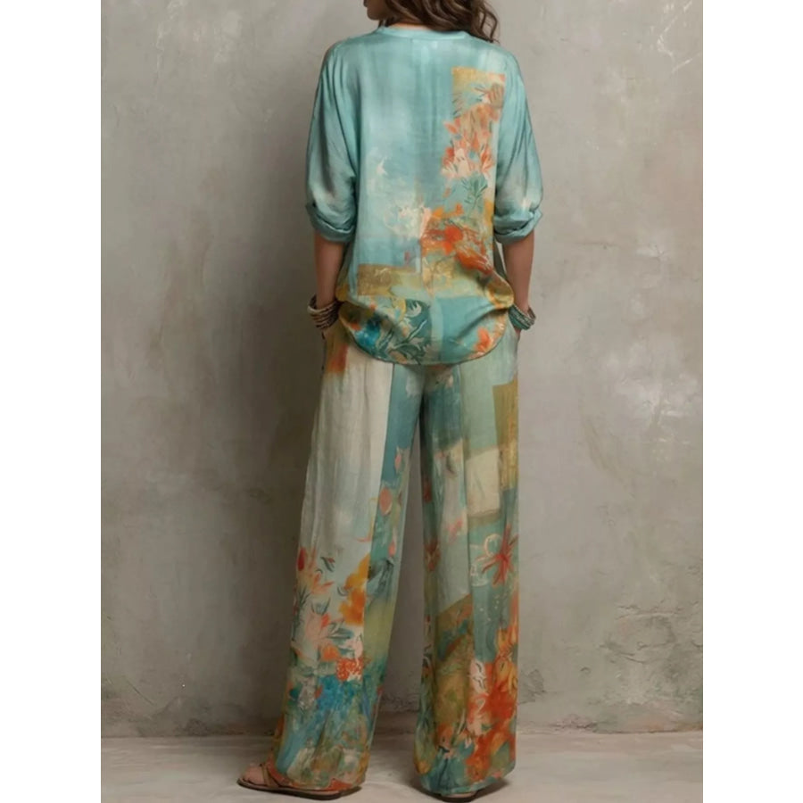 Full Size Floral Print Blouse and Wide-Leg Pants Set Plus Apparel Accessories