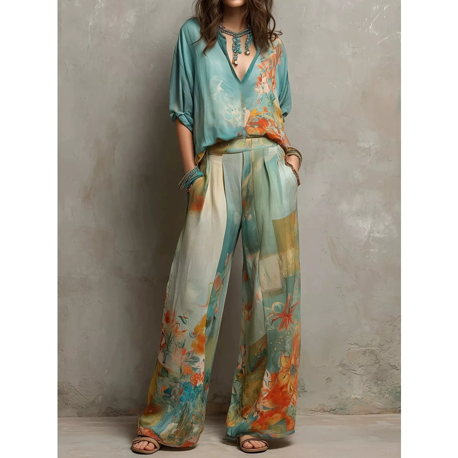 Full Size Floral Print Blouse and Wide-Leg Pants Set Plus Green / S Apparel Accessories