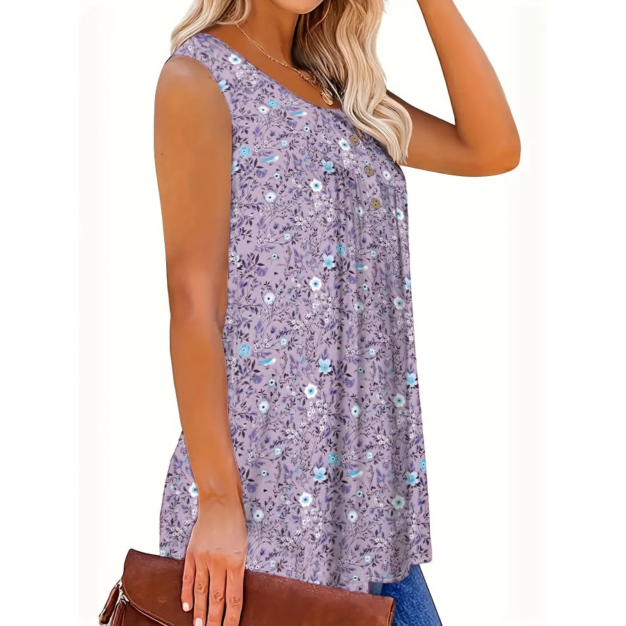 Full Size Floral Print Button Detail Tank Plus Size Apparel and Accessories
