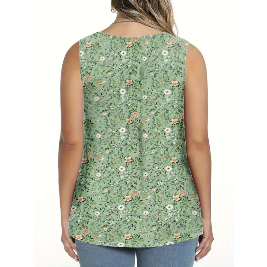 Full Size Floral Print Button Detail Tank Plus Size Apparel and Accessories