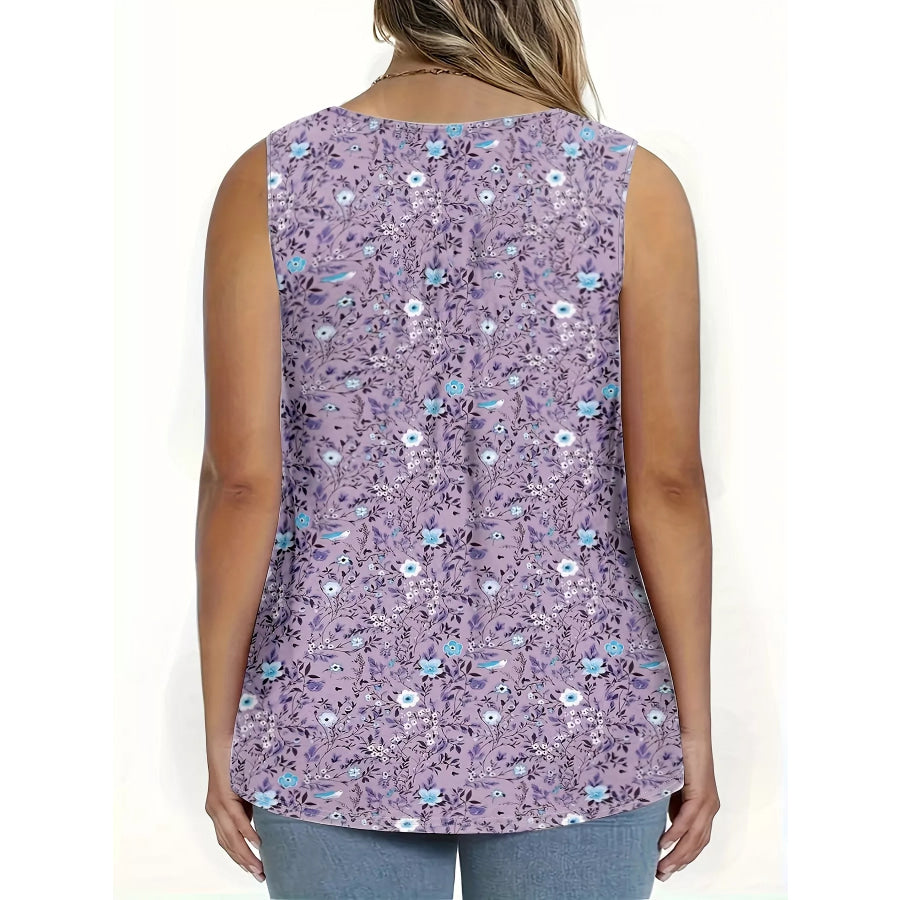 Full Size Floral Print Button Detail Tank Plus Size Apparel and Accessories