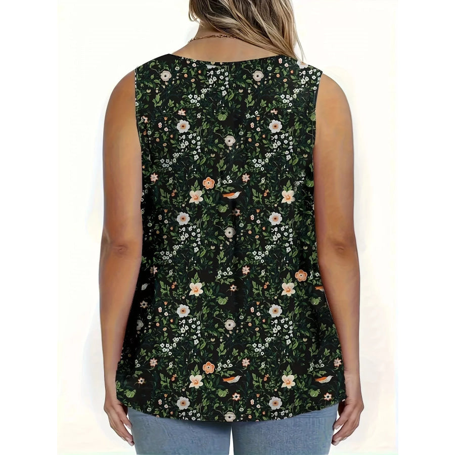 Full Size Floral Print Button Detail Tank Plus Size Apparel and Accessories