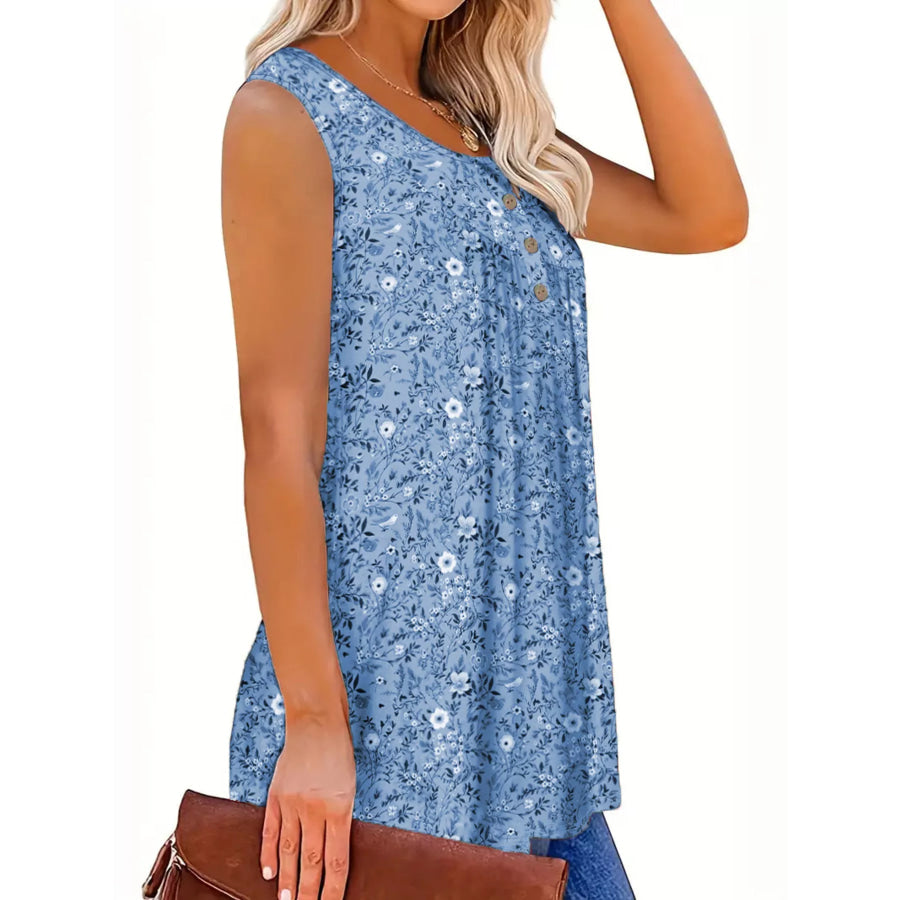 Full Size Floral Print Button Detail Tank Plus Size Apparel and Accessories