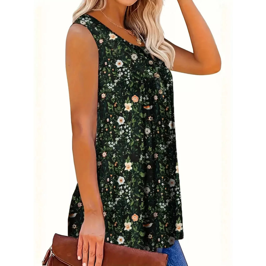 Full Size Floral Print Button Detail Tank Plus Size Apparel and Accessories