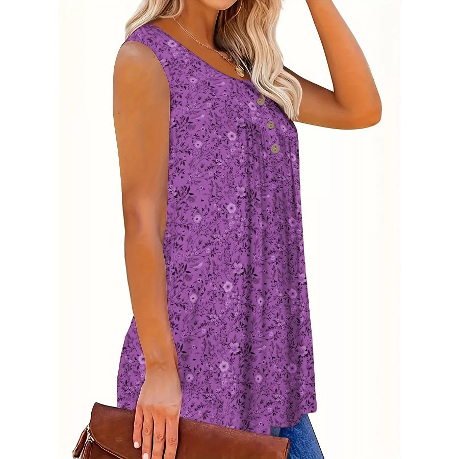 Full Size Floral Print Button Detail Tank Plus Size Apparel and Accessories